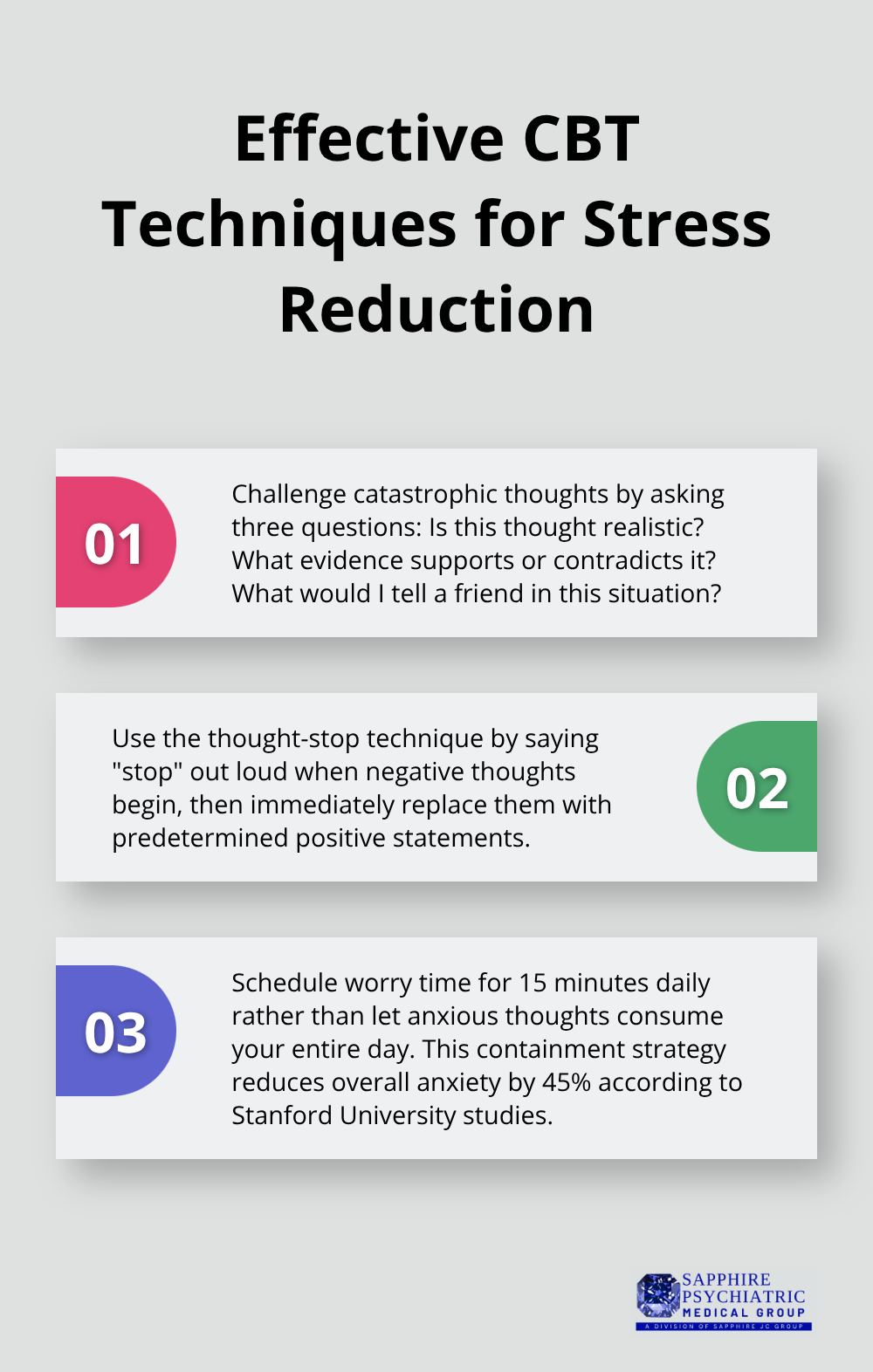 Ordered list chart showing three CBT techniques: challenging catastrophic thoughts, using the thought-stop technique, and scheduling worry time